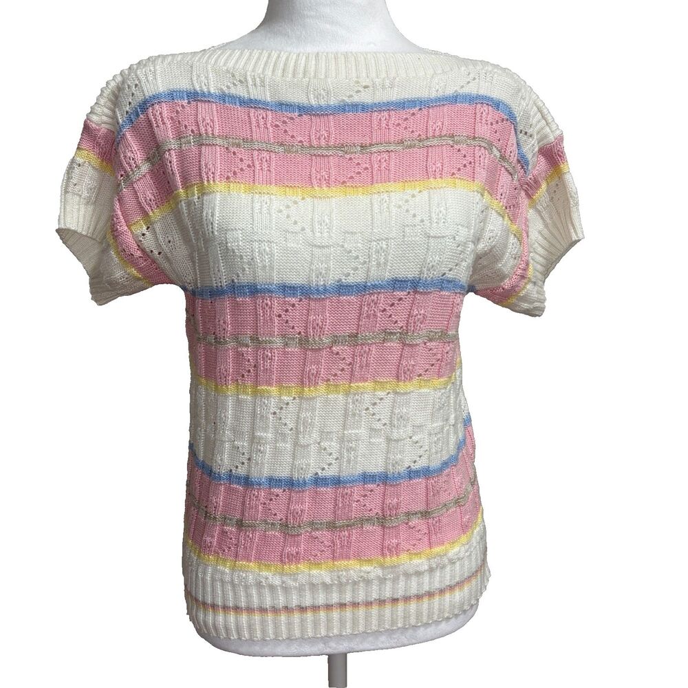 Keneth too! Vtg 80s‎ Knit Top Pastel Striped Pointelle Retro Grandma Cottage S